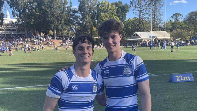 Nudgee halfback Samuel Watson with Team of the Season fullback Jacob Johnson.