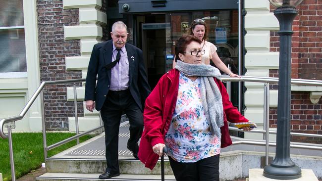 Cedric Harper Jordan and Noelene June Jordan (red jacket) leave the Supreme Court of Tasmania in Launceston on day one of the trial. Picture: Patrick Gee