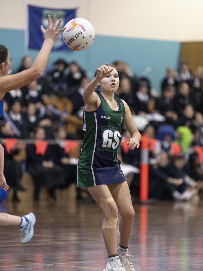 Charlotte Tobin of St Ursula's Junior Development against Downlands Junior C in Merici-Chevalier Cup netball at Salo Centre, Friday, July 19, 2024. Picture: Kevin Farmer