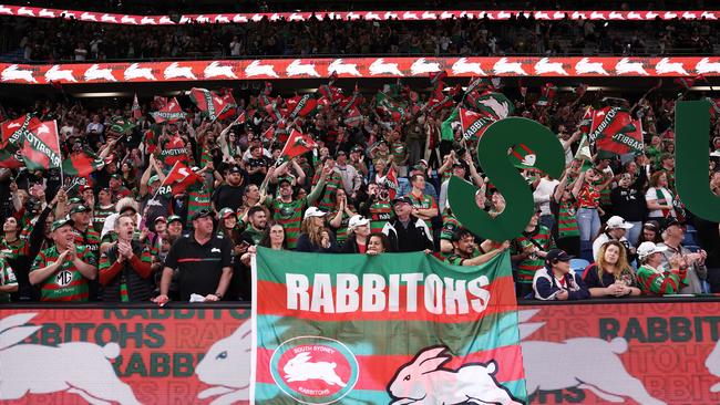 Rabbitohs fans celebrate the win over the Roosters. Picture: Matt King/Getty