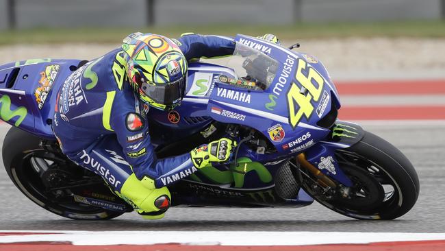 Valentino Rossi (46), of Italy, steers through a turn during open practice for the Grand Prix of the Americas MotoGP motorcycle race, Saturday, April 22, 2017, in Austin, Texas. (AP Photo/Eric Gay)