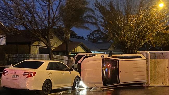 A suspect is on the run after crashing a stolen car into four parked cars before fleeing at Ridleyton. Picture: 9 News