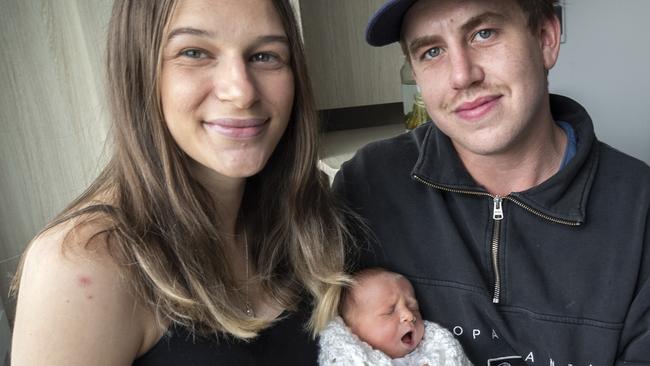 Crystal Tatnell and Liam Wakefield with Rani Vera Wakefield at Royal Hobart Hospital. Picture: Chris Kidd