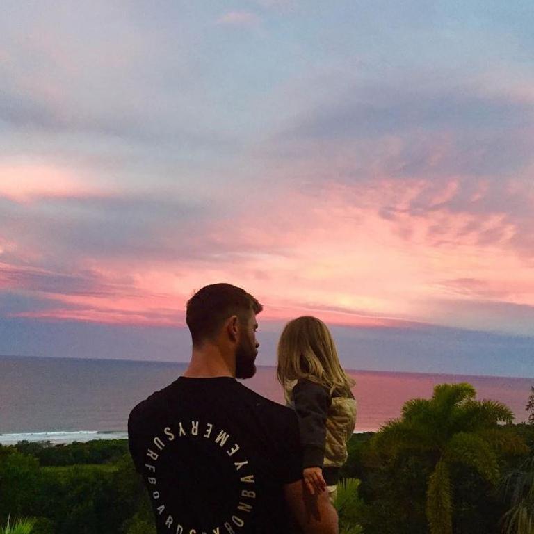 Chris Hemsworth in Byron Bay, Australia ... “A picture says a thousand words, my kid only says about 4 but he’s still awesome and way cooler than this sunset.” Picture: Instagram