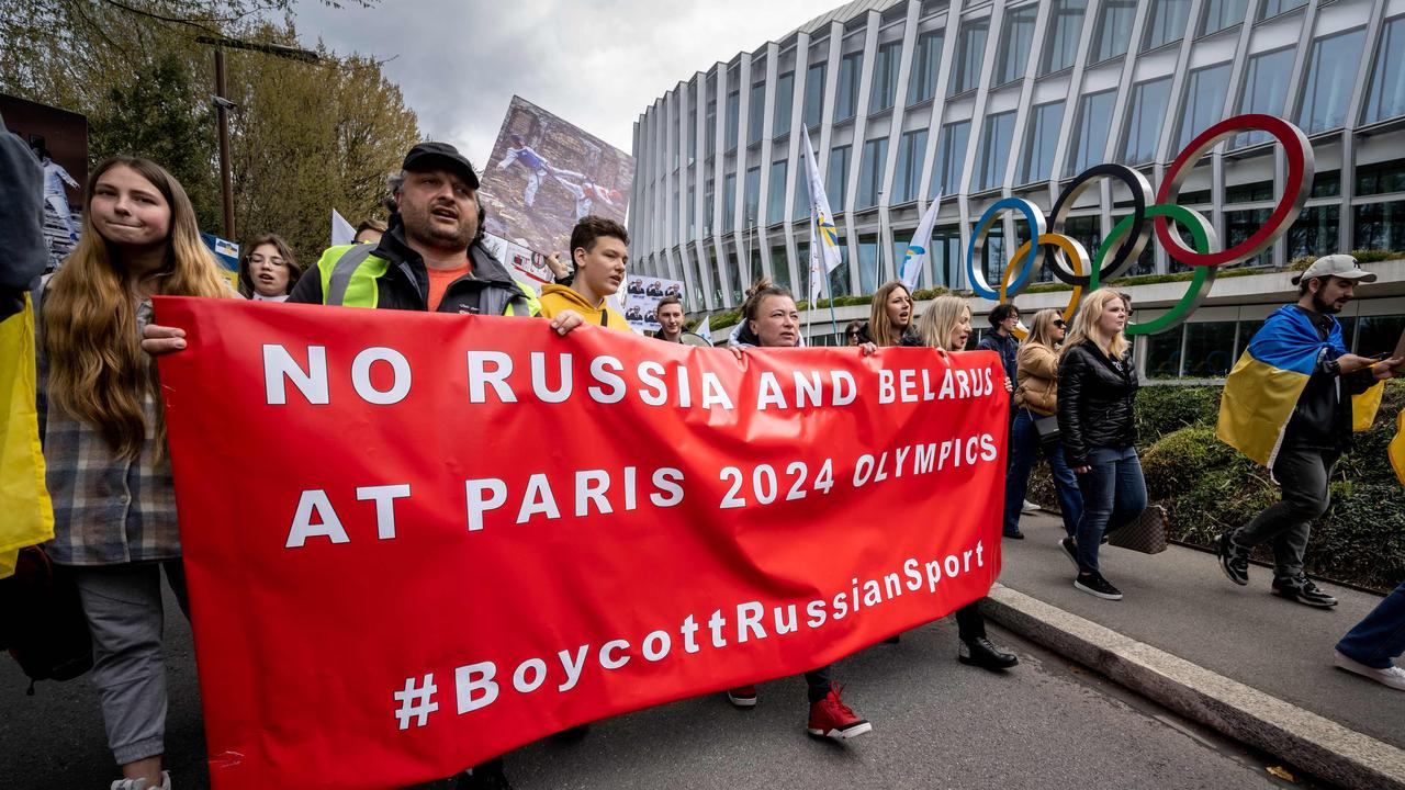 Ukrainians protest the inclusion of Russian and Belarusian athletes in front of the IOC headquarters last year. Picture: AFP