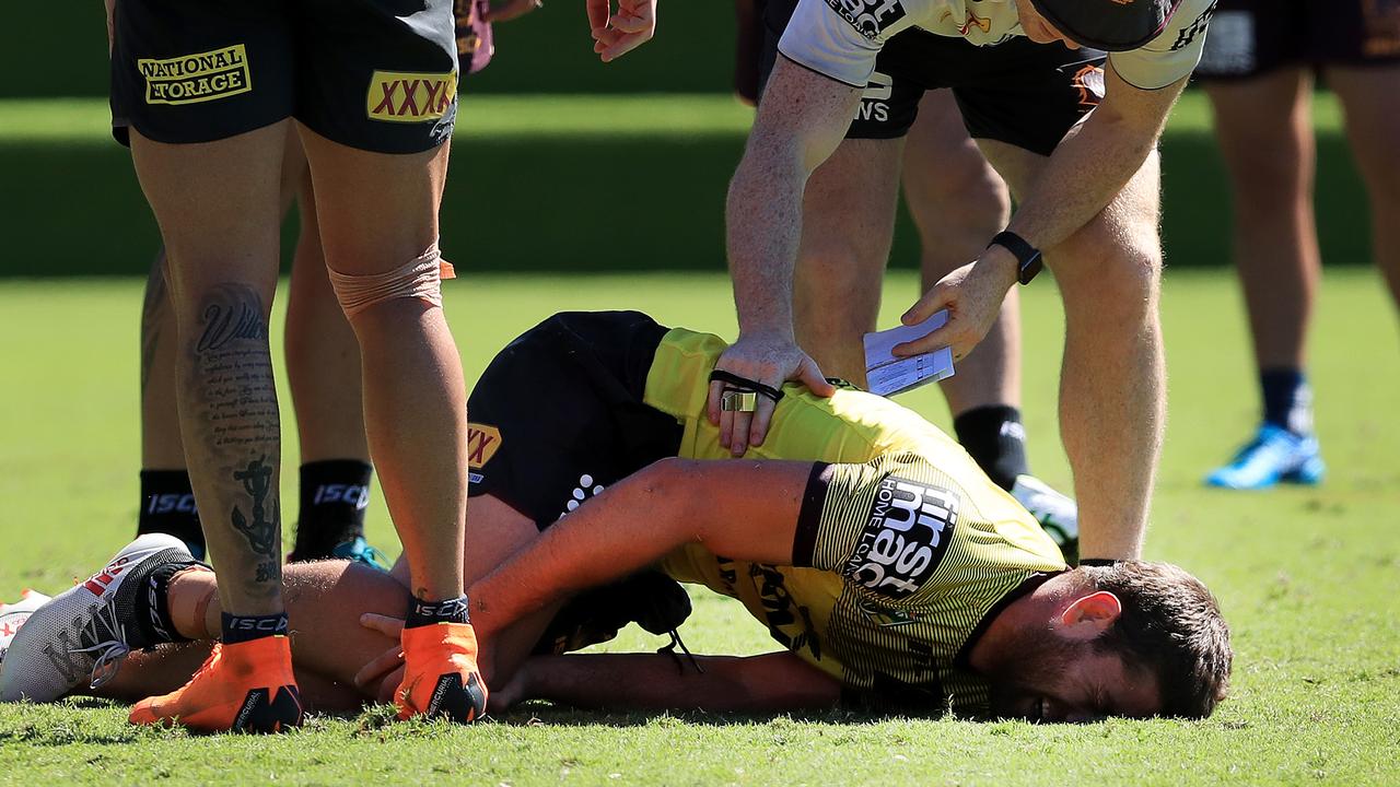 Hooker Andrew McCullough was in agony after going down with a knee injury at training. 