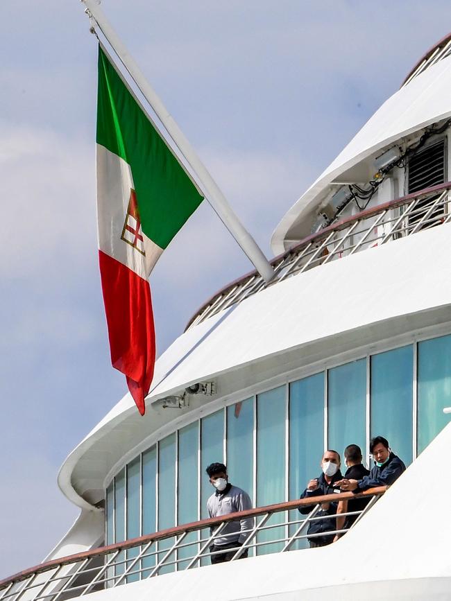 Crew members aboard Italy’s Costa Cruises ship Costa Victoria. Picture: AFP