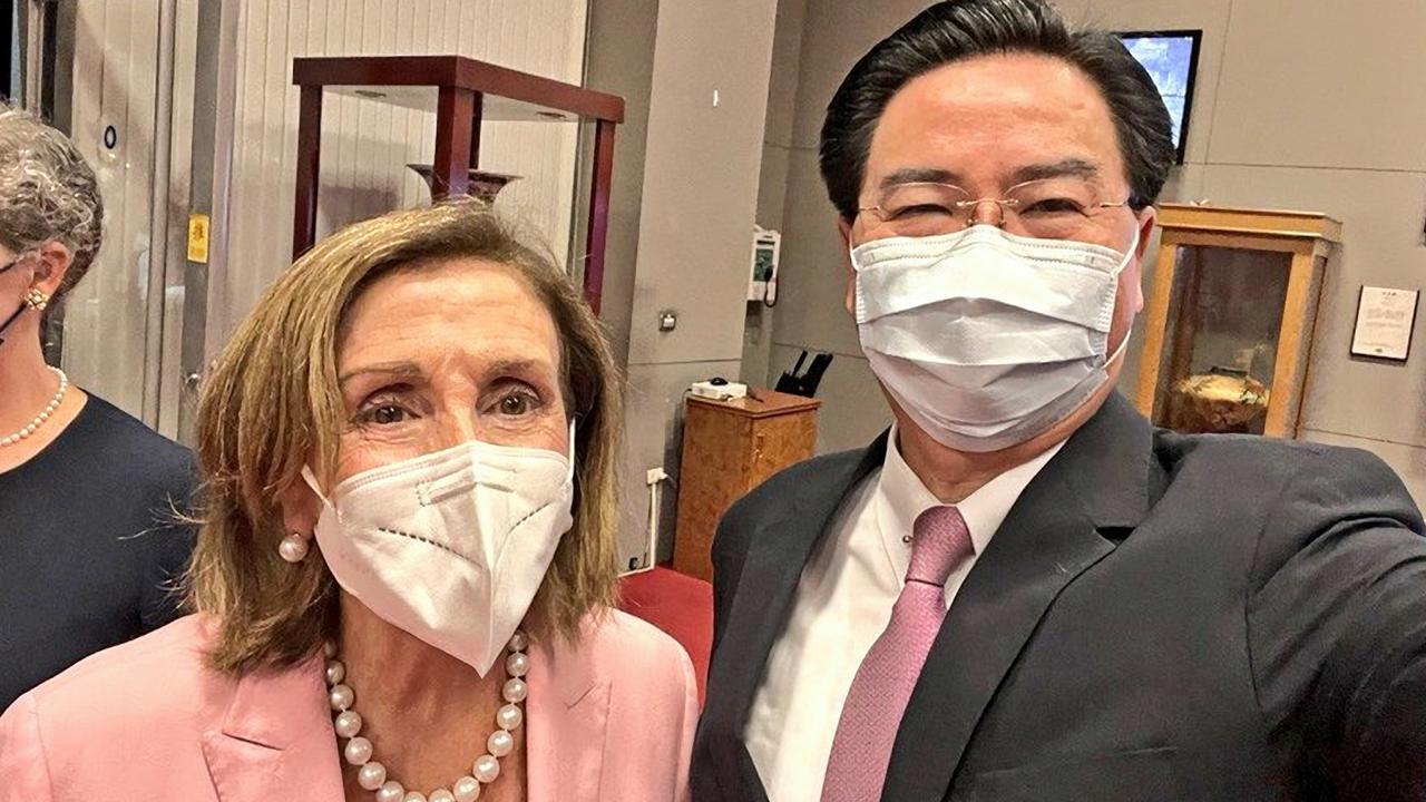 Taiwan's Foreign Minister Joseph Wu (right) welcoming Speaker of the US House of Representatives Nancy Pelosi upon her arrival at Sungshan Airport in Taipei. Picture: Twitter / MOFA_Taiwan