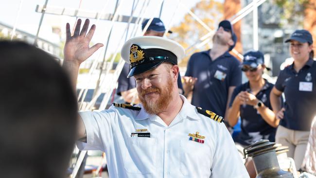 Commanding Officer STS Young Endeavour, Lieutenant Commander Andrew Leupen addresses the ship's youth crew and families on the first day of their voyage at Fleet Base East, Sydney. Picture: ABIS Lauren Pugsley / Department of Defence