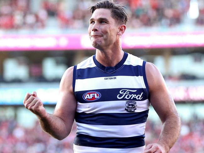 SYDNEY, AUSTRALIA - JUNE 09: Tom Hawkins of the Cats celebrates after kicking a goal during the round 13 AFL match between Sydney Swans and Geelong Cats at SCG, on June 09, 2024, in Sydney, Australia. (Photo by Brendon Thorne/AFL Photos/via Getty Images)