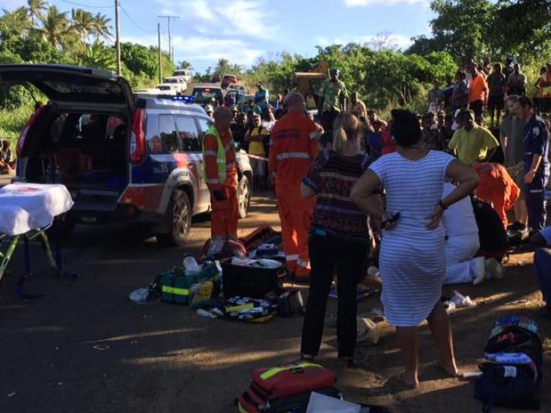 Facebook pictures of the scene of a Bus Crash in Vanuatu. The crash occurred during a day trip to Port Vila on an 11 day cruise on the Pacific Dawn from Brisbane. 12 Australians were injured a further 10 hospitalised. Source: Wilford Patunvanu/Facebook