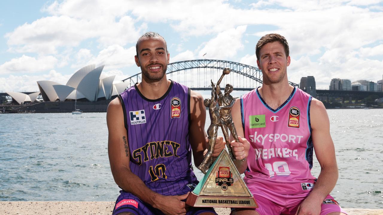 Xavier Cooks of the Kings and Tom Abercrombie of the Breakers pose with the NBL Championship trophy. (Photo by Matt King/Getty Images)