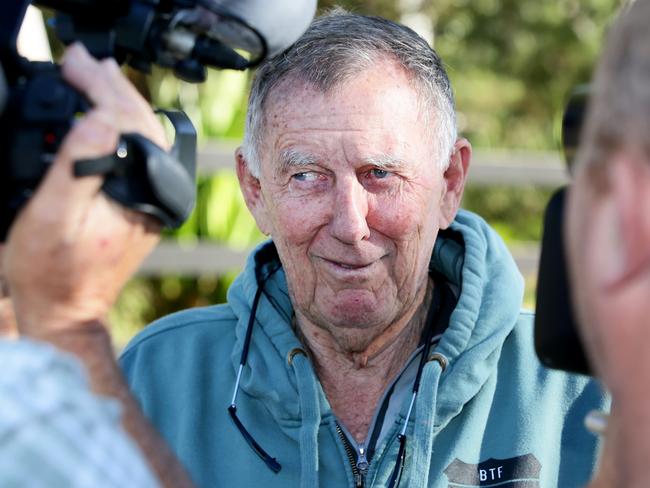 John Singleton fronts the media outside his Strawberry Hills Stud today following his altercation with Hungry Jack's founder Jack Cowin. Picture: Peter Clark