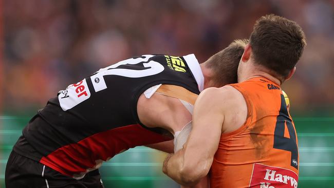 Mason Wood came off second best after this clash with Toby Greene. Picture: Robert Cianflone/Getty Images