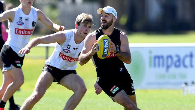 Magpie Steele Sidebottom at training in early August. Picture: Bradley Kanaris/Getty Images