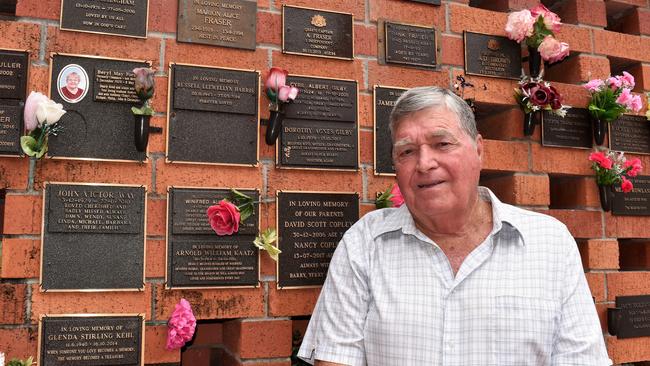 Former Herbert River RSL President Rick Butler, a Vietnam War combat veteran, next to the memorial plaque of Captain Alexander “Lex” Alexander of the 1st Independent Company at the Holy Trinity Anglican Church on McIlwraith Street, Ingham. Picture: Cameron Bates