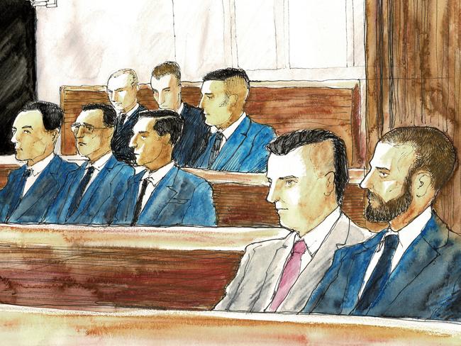 De Ieso Murder accused court sketch .  BACK  Kyle Pyrde , Nicholas Sianis , Seywan Moradi MIDDLE Mohamed Alzuin , Musa Alzuin , Husain Alzuin FRONT  Daniel Jalleh and Ross Montgomery Picture: Timothy Ide