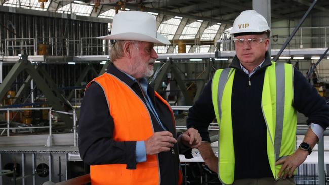 Incat founder Bob Clifford talks to Premier Jeremy Rockliff at his Derwent Park site. Mr Clifford is recommending the Spirit of Tasmania IV should be brought home for short cruises and day trips. Picture: David Killick