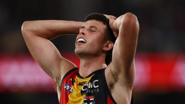 MELBOURNE - July 8 : AFL.   Rowan Marshall of the Saints reacts late in the last qtr during the round 17 AFL match between St Kilda and Melbourne at Marvel Stadium  on July 8, 2023.  Photo by Michael Klein.
