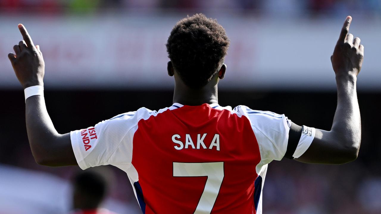 Bukayo Saka celebrates scoring his team’s second goal. (Photo by Shaun Botterill/Getty Images)