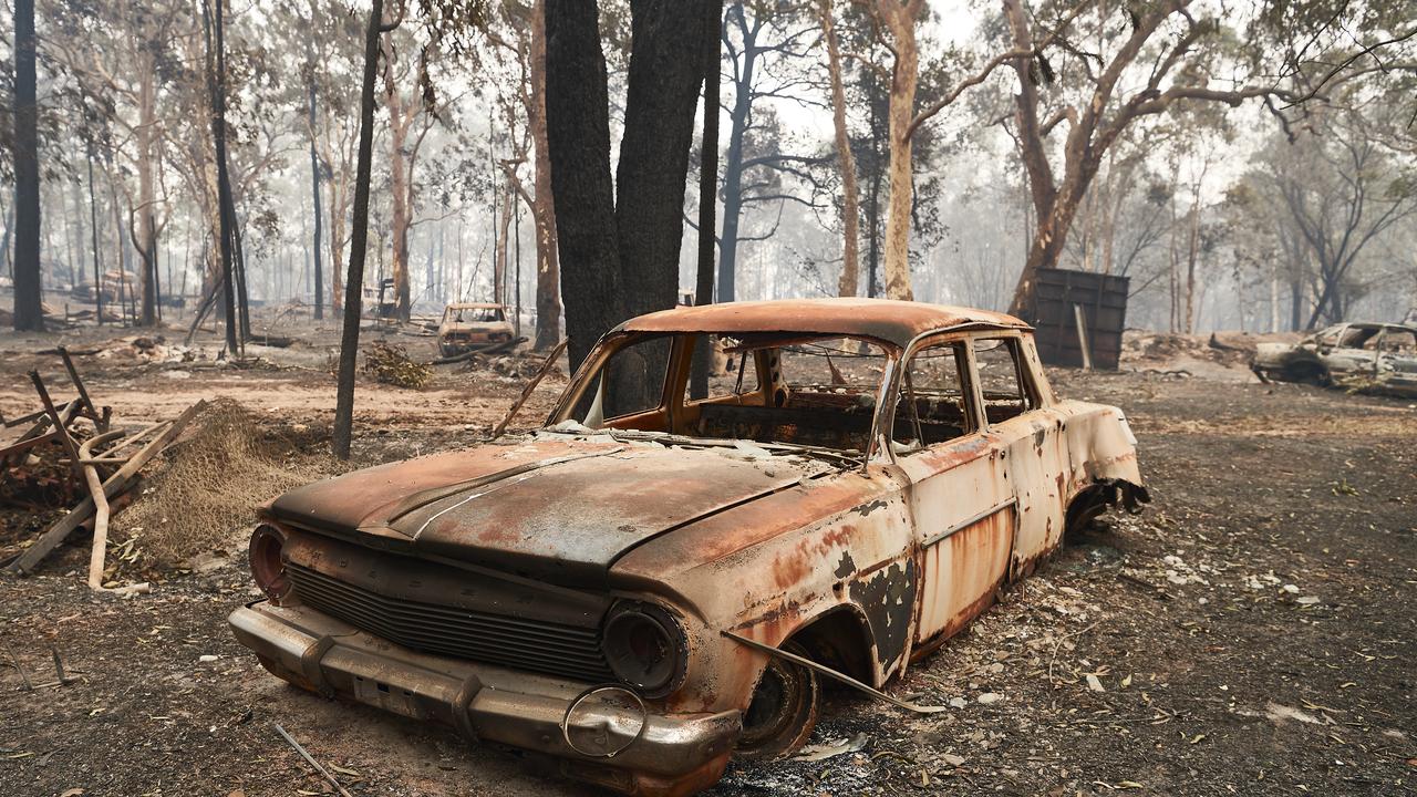 A burnt car on a vacant derelict property along Putty Road after devastating fires tore through areas near Colo Heights on November 14, 2019 in Sydney, Australia. Picture: Brett Hemmings/Getty Images