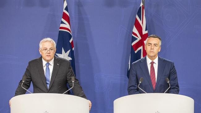 Prime Minister Scott Morrison speaks as Minister for Veterans' Affairs Darren Chester announce a Royal Commission into veteran suicides after months of increasing pressure from former soldiers and politicians.Picture: Getty