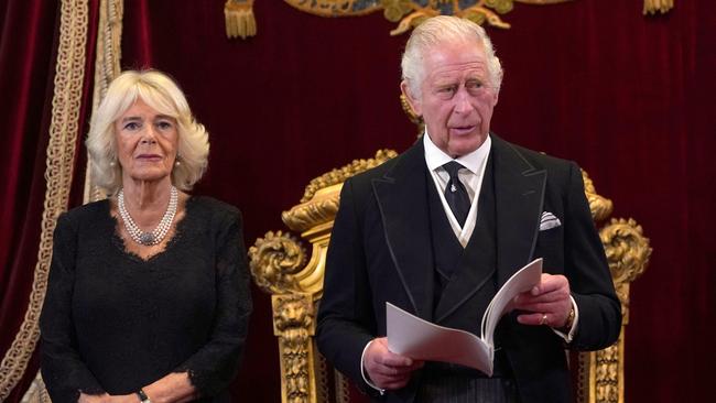 King Charles and Camilla, Queen Consort, look on during his proclamation as King. Picture: Getty Images