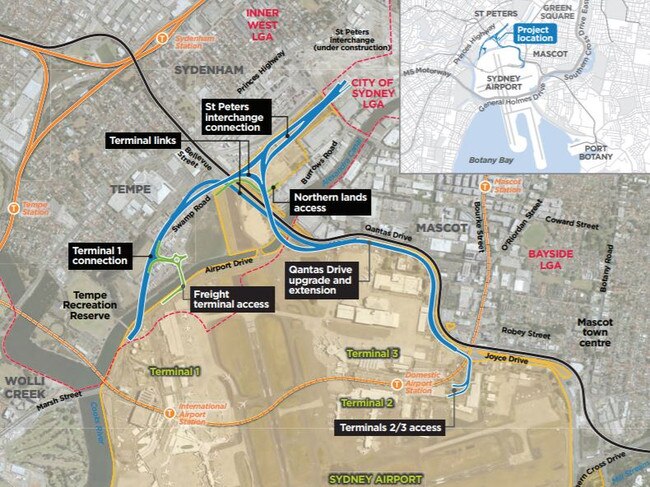 The Sydney Gateway project will feature new roading (highlighted in blue) around Sydney Airport.