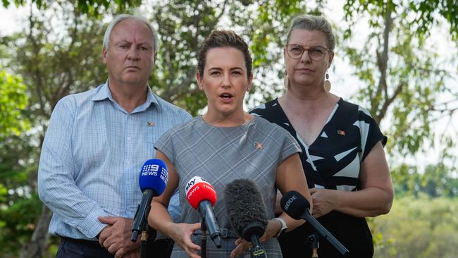 Chief Minister Lia Finocchiaro, Alcohol Minister Steve Edgington and Attorney-General Marie-Clare Boothby at Bundilla Beach in Darwin, NT. The CLP will introduce new laws allowing police to arrest and fine nuisance public drinkers in the Northern Territory. Picture: Pema Tamang Pakhrin