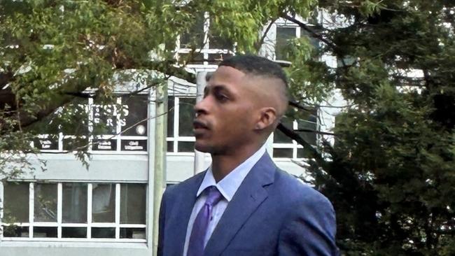 Angel Torres (blue suit), 24, arriving at Gosford District Court after pleading not guilty to raping a woman at Terrigal in March 2024. Picture: NewsLocal