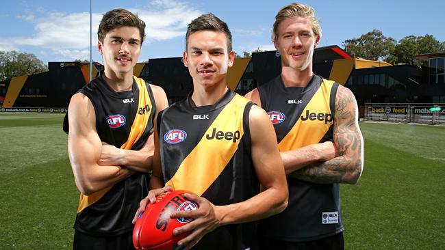 Richmond’s 2015 draftees (from left) Oleg Markov, Daniel Rioli and Nathan Broad. Picture: Tim Carrafa