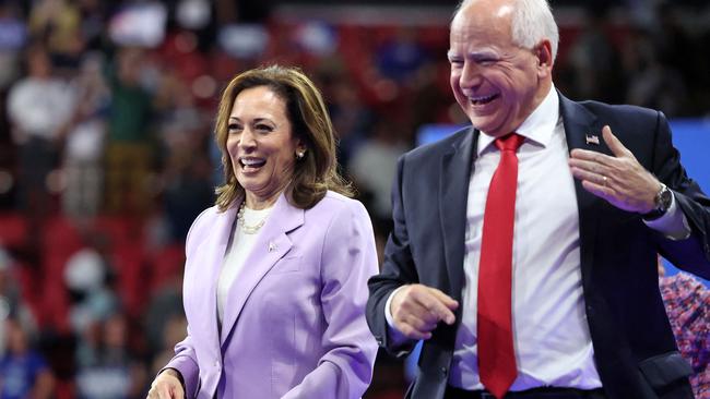 Ms Harris and her choice for the vice presidency, Tim Walz. Picture: Ronda Churchill/AFP