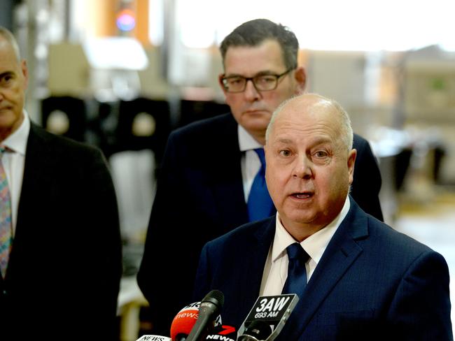 MELBOURNE, AUSTRALIA - NewsWire Photos JUNE 23, 2022: Victorian Treasurer Tim Pallas and Premier Daniel Andrews speak at the Technical Director Advanced Manufacturing Precinct at RMIT. Picture: NCA NewsWire / Andrew Henshaw