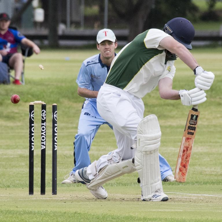 Lockyers Regan Hoger bowled by Andre Odendaal, Cavaliers. Mitchell Shield cricket, Toowoomba Cavaliers vs Lockyer. Sunday, 23rd Feb, 2020.