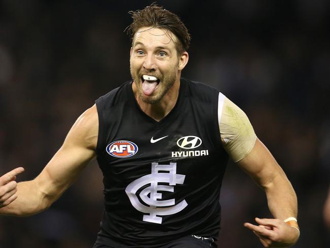 AFL Round 13. 15/06/2019. Carlton v Western Bulldogs at Marvel Stadium.  Dale Thomas of the Blues celebrates a goal in the 3rd qtr   .  Pic: Michael Klein