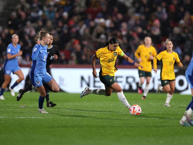 Sam Kerr of Australia controls the ball during the Women's International Friendly match between England and Australia. Picture: Ryan Pierse