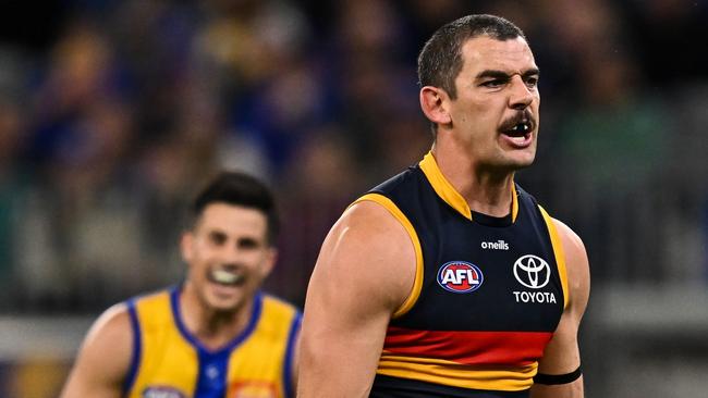 PERTH, AUSTRALIA - AUGUST 26: Taylor Walker of the Crows rues missing a shot on goal during the 2023 AFL Round 24 match between the West Coast Eagles and the Adelaide Crows at Optus Stadium on August 26, 2023 in Perth, Australia. (Photo by Daniel Carson/AFL Photos via Getty Images)