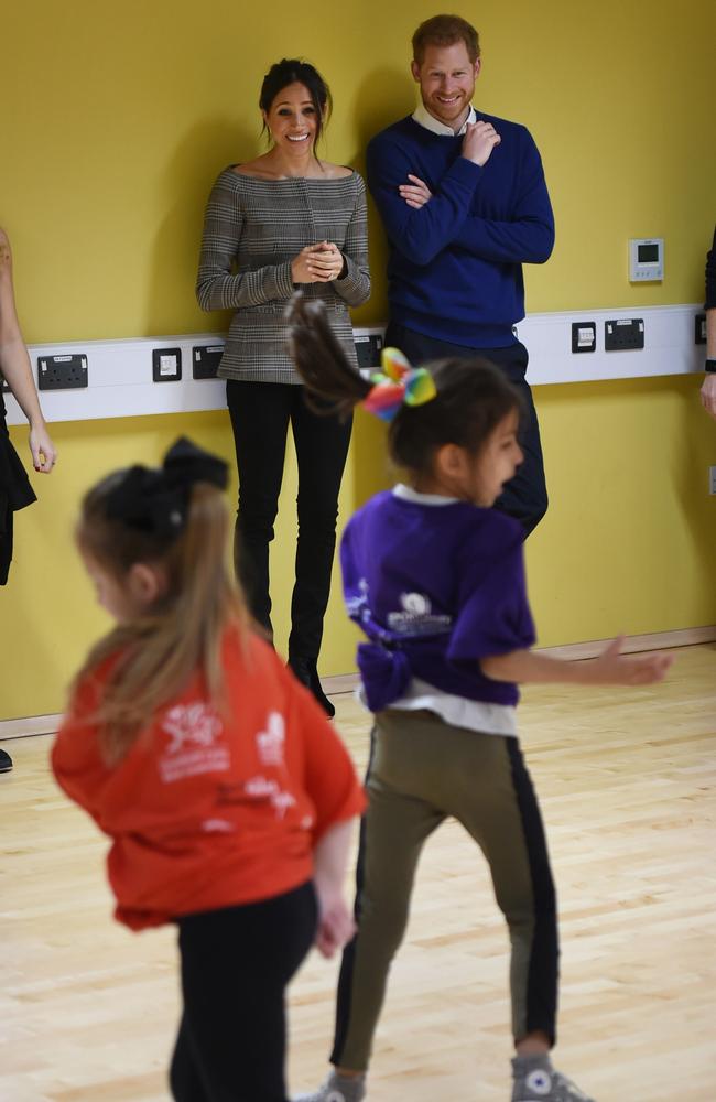 Britain’s Prince Harry and his fiancée Meghan Markle attend a street dance class during their visit to Star Hub community and leisure centre in the Tremorfa area of Cardiff, south Wales on January 18, 2018. Picture: AFP