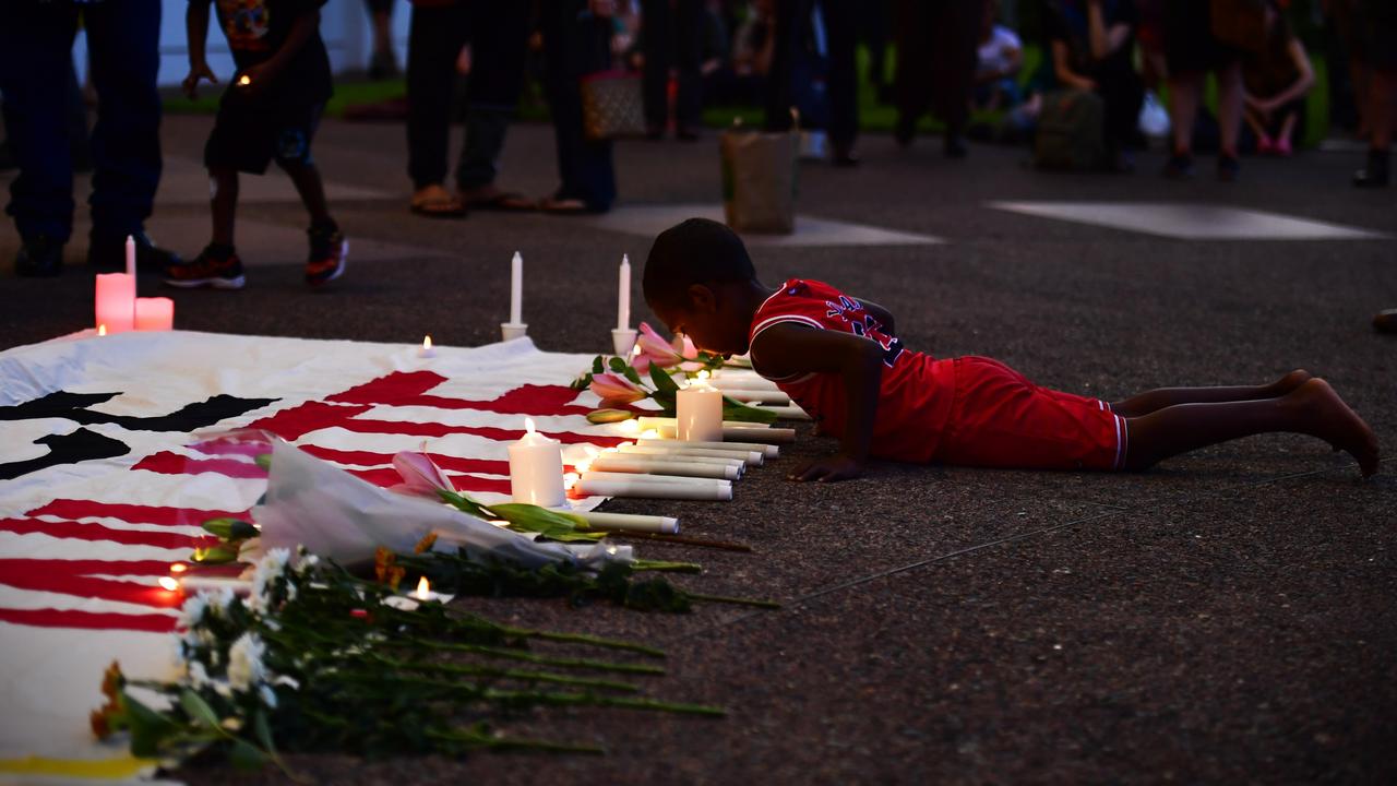 Hundreds of Top End residents gathered outside the NT Parliament on Wednesday for a vigil for Kumanjayi White, a 24-year-old Warlpiri man with a disability who died after being restrained by police in the Alice Springs Coles. Picture: Zizi Averill
