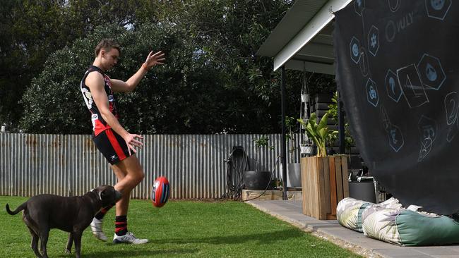 Riley Thilthorpe, watched by his dog Axel, kicks the ball into the trampoline net set up in his backyard. Picture: Tricia Watkinson.