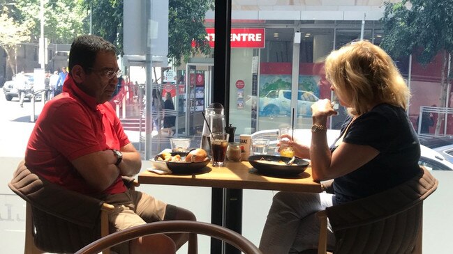 Exhibit photo from IBAC hearing. Casey Cr Sam Aziz and political lobbyist Lorraine Wreford meeting at Little Billy cafe on February 1, 2019.