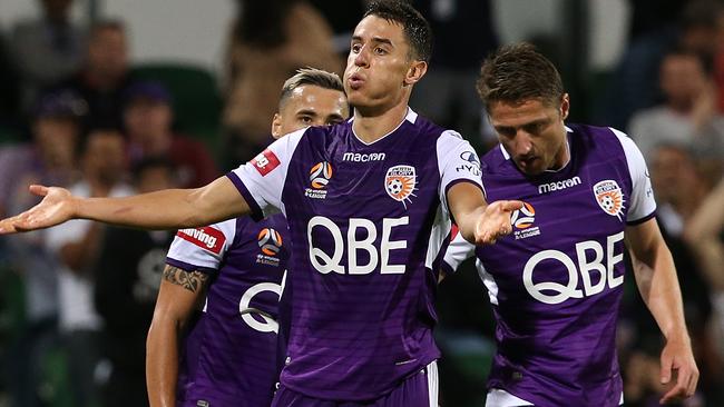 PERTH, AUSTRALIA - DECEMBER 08: Chris Ikonomidis of the Glory celebrates a goal during the round seven A-League match between the Perth Glory and Melbourne City at nib Stadium on December 08, 2018 in Perth, Australia. (Photo by Paul Kane/Getty Images)