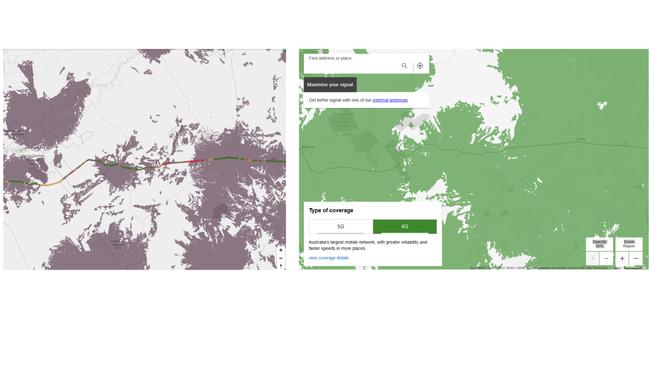 Accenture's drive testing (left) shows sections of the road from Cobar to Wilcannia that cannot receive a Telstra signal. But Telstra's map (right) shows coverage can be accessed with an external antenna.