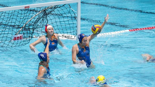 Gold Coast Gold player Kelsey Wakefield blocks a shot on goal from Sunshine Coast. Picture: Kevin Farmer