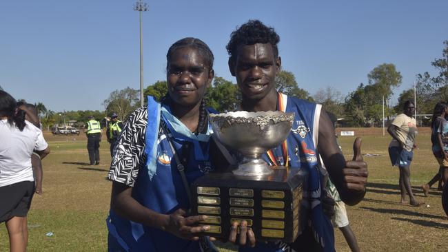 The Buffaloes following the win in the Tiwi Island Football League grand final between Tuyu Buffaloes and Pumarali Thunder. Picture: Max Hatzoglou