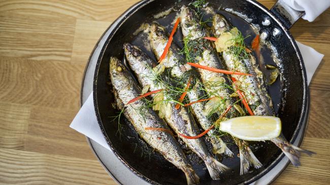 Roasted fillet of fish with celeriac, black garlic and tempura oyster at Sardine. Photo: Dannika Bonser