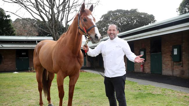 Chef Brahimi with Mossman gelding Dothraki at the Snowden Stables ahead of The Everest Carnival. Picture: Richard Dobson