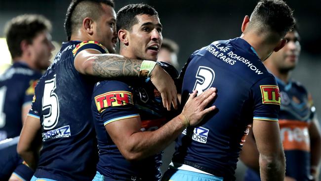 SYDNEY, AUSTRALIA - AUGUST 28: Jamal Fogarty of the Titans celebrates after scoring a try during the round 16 NRL match between the St George Illawarra Dragons and the Gold Coast Titans at Netstrata Jubilee Stadium on August 28, 2020 in Sydney, Australia. (Photo by Mark Metcalfe/Getty Images)