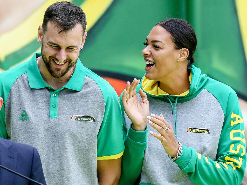 Cambage and Bogut at an NBL finals launch.