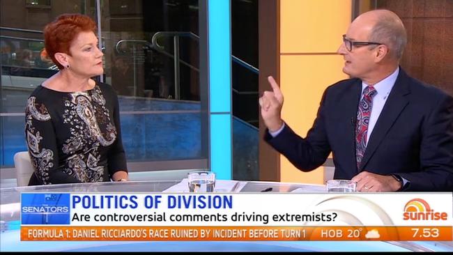 A screen-grab obtained on Monday, March 18, 2019, shows Seven's Sunrise host David Koch on the breakfast news show challenging One Nation leader Pauline Hanson over her anti-muslim rhetoric and her previous support of senator Fraser Anning. (AAP Image/Supplied via Seven's Sunrise) NO ARCHIVING, EDITORIAL USE ONLY